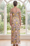 Champagne Illusie halsschede geborduurd met bloemen lange moeder van de bruid jurk met split