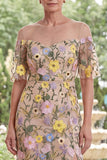 Champagne Illusie halsschede geborduurd met bloemen lange moeder van de bruid jurk met split