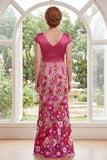 Fuchsia zeemeermin bloemen V-hals lange moeder van de bruid jurk met capmouwen