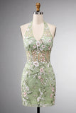 Saliegroene halterhals doorschijnend korset Bodycon geborduurde homecomingjurk