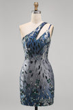 Glinsterende marineblauwe bodycon bodycon pailletten bloemen homecomingjurk met één schouder