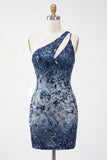 Glinsterende marineblauwe bodycon bodycon pailletten bloemen homecomingjurk met één schouder