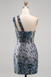 Glinsterende marineblauwe bodycon bodycon pailletten bloemen homecomingjurk met één schouder