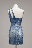 Glinsterende marineblauwe bodycon bodycon pailletten bloemen homecomingjurk met één schouder