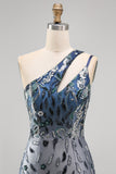Glinsterende marineblauwe bodycon bodycon pailletten bloemen homecomingjurk met één schouder