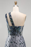 Glinsterende marineblauwe bodycon bodycon pailletten bloemen homecomingjurk met één schouder