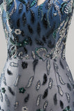 Glinsterende marineblauwe bodycon bodycon pailletten bloemen homecomingjurk met één schouder
