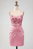 Bodycon roze strapless gerimpelde pailletten homecoming jurk