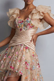High-Low champagne A-lijn tule korset geborduurd met bloemen Moeder van de Bruid jurk
