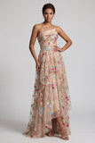Off-the-shoulder high-low champagne A-lijn tule bloemenjurk Moeder van de Bruid jurk