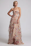 Off-the-shoulder high-low champagne A-lijn tule bloemenjurk Moeder van de Bruid jurk