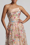 Off-the-shoulder high-low champagne A-lijn tule bloemenjurk Moeder van de Bruid jurk