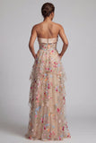 Off-the-shoulder champagne A-lijn tule korset bloemenjurk Mother of the Bride jurk