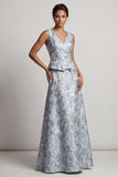 Dusty Blue A-lijn V-hals lange jacquard bloemenjurk Mother of the Bride jurk