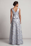 Dusty Blue A-lijn V-hals lange jacquard bloemenjurk Mother of the Bride jurk