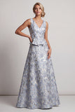 Dusty Blue A-lijn V-hals lange jacquard bloemenjurk Mother of the Bride jurk