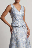Dusty Blue A-lijn V-hals lange jacquard bloemenjurk Mother of the Bride jurk
