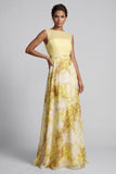 Geel A-lijn Bateau-hals lange bloemenprint Mother of the Bride jurk