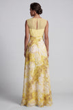 Geel A-lijn Bateau-hals lange bloemenprint Mother of the Bride jurk