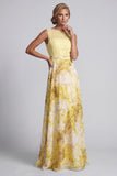 Geel A-lijn Bateau-hals lange bloemenprint Mother of the Bride jurk