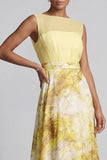 Geel A-lijn Bateau-hals lange bloemenprint Mother of the Bride jurk