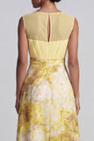 Geel A-lijn Bateau-hals lange bloemenprint Mother of the Bride jurk