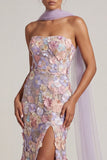 Lichtpaarse bloemen zeemeermin strapless lange moeder van de bruid jurk met split