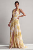 Halter Een lange lange gele jurk met bloemenprint Mother of the Bride met split