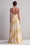 Halter Een lange lange gele jurk met bloemenprint Mother of the Bride met split