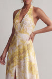 Halter Een lange lange gele jurk met bloemenprint Mother of the Bride met split