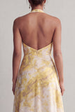 Halter Een lange lange gele jurk met bloemenprint Mother of the Bride met split