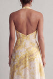 Halter Een lange lange gele jurk met bloemenprint Mother of the Bride met split