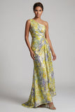 Eén schouder gele bloemenzeemeermin met lange print Mother of the Bride jurk