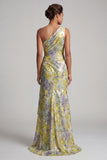 Eén schouder gele bloemenzeemeermin met lange print Mother of the Bride jurk