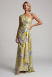 Eén schouder gele bloemenzeemeermin met lange print Mother of the Bride jurk