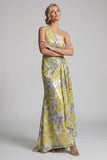 Eén schouder gele bloemenzeemeermin met lange print Mother of the Bride jurk