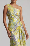 Eén schouder gele bloemenzeemeermin met lange print Mother of the Bride jurk