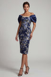 Marineblauw Off the Shoulder Bloemen Bodycon Midi Moeder van de Bruid Jurk met kralen