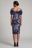 Marineblauw Off the Shoulder Bloemen Bodycon Midi Moeder van de Bruid Jurk met kralen