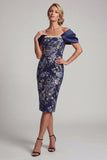 Marineblauw Off the Shoulder Bloemen Bodycon Midi Moeder van de Bruid Jurk met kralen