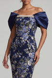 Marineblauw Off the Shoulder Bloemen Bodycon Midi Moeder van de Bruid Jurk met kralen