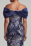 Marineblauw Off the Shoulder Bloemen Bodycon Midi Moeder van de Bruid Jurk met kralen
