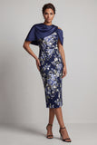 Marineblauwe Bloemen Bodycon Midi Mother Of the Bride Jurk met Cape
