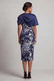 Marineblauwe Bloemen Bodycon Midi Mother Of the Bride Jurk met Cape
