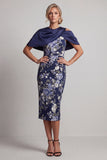 Marineblauwe Bloemen Bodycon Midi Mother Of the Bride Jurk met Cape