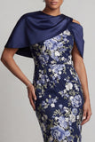 Marineblauwe Bloemen Bodycon Midi Mother Of the Bride Jurk met Cape