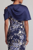 Marineblauwe Bloemen Bodycon Midi Mother Of the Bride Jurk met Cape