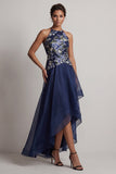 A-lijn marineblauwe bloemenhals met halshalter hoog en laag Mother of the Bride jurk
