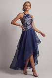 A-lijn marineblauwe bloemenhals met halshalter hoog en laag Mother of the Bride jurk