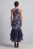 Marineblauwe bloemen halter hals zeemeermin lange moederjurk met ruches en ruches